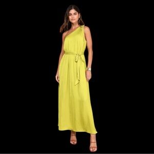 Lulus Goddess Aura Chartreuse Satin One-Shoulder Maxi Dress Citrus Summer NWT
